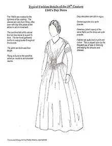 Image Text: Typical Fashion Details of the 19th Century 1840's Day Dress The 1840's are notable for the tightness of the clothing. The sleeves are very form fitting, often seen with tiny little pleats at the elbow to aid in movement. The waistline falls at its natural line but dips below to a point in front. The fan front (gathered) bodice is very popular throughout the decade. The skirts are fuller and floor length. Piping is found at the waistline, armscye, neckline, and shoulder seams. Drop shoulders are still in vogue. Sleeve caps are also quite popular. Pelerines (short capes) of the same fabric as the dress are quite popular. Fabrics are quite bold in print and colour. This is played upon by the frequent use of bias in trimming and edging the dresses and sleeves. Drawn and Compiled by Ericka Mason, copyrighted.