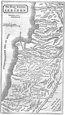 1844 map of the Druze province, showing the Nahr al-Kalb as the northern boundary of the Druze district