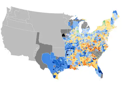 Map of presidential election results by county, shaded according to winning candidate's percentage of the vote