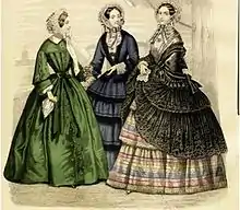 Necklines plunged further, needing a chemisette to be worn underneath. Sleeves widened at the elbow, while bodices ended at the natural waistline. Skirts widened and were further emphasised by the addition of flounces.