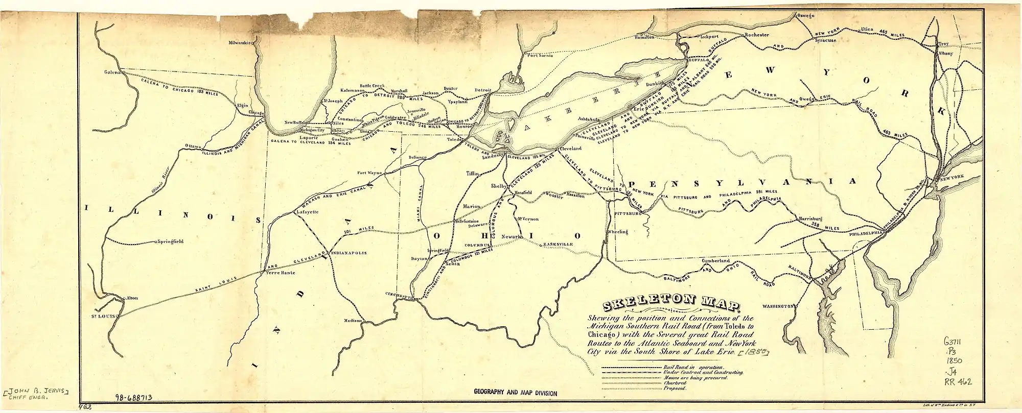 In this 1850 map, the original Wabash and Erie Canal is shown as part of an emerging system canals and rail lines