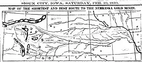 Image 171859 map of route from Sioux City, Iowa, through Nebraska, to gold fields of Wyoming, partially following old Mormon trails. (from History of Wyoming)