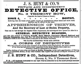 Advertisement for J.S. Hunt & Co. detective office, 1868