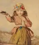 Watercolour portrait of a young girl wearing a hat with blue and red wildflowers. She is offering grapes from a plate with her right hand, and her left hand is touching her throat. In the background is a mountainous landscape, with a wooden house with two active chimneys on the right.