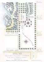 1869 map of the plaza, showing a site for a clock tower near where the Sherman statue was located in 1903