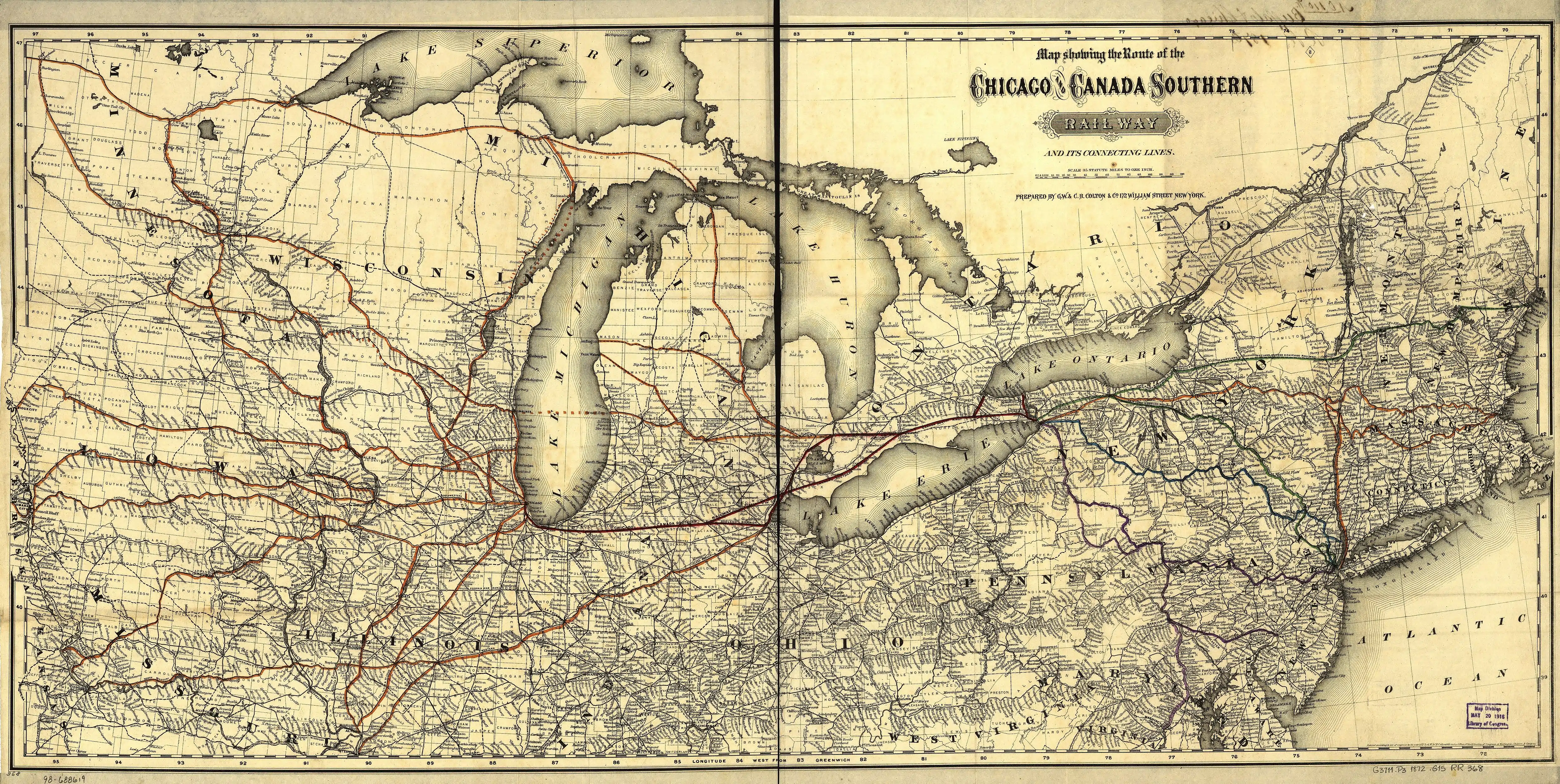 by 1872, the Toledo, Wabash and Western Railway (shown in red) connected Toledo, Fort Wayne, and Lafayette. The original canal, with its slow pace and maintenance issues, struggled to compete with many rail lines in operation in the 1870s.