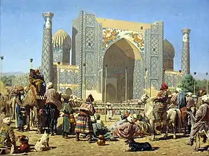 Image 21Triumphant crowd at Registan, Sher-Dor Madrasah. The Emir of Bukhara viewing the severed heads of Russian soldiers on poles. Painting by Vasily Vereshchagin (1872). (from History of Uzbekistan)