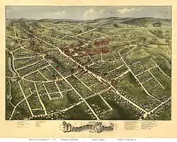 A color map showing "Danbury, Conn.", and the buildings on its streets as seen from the southwest.