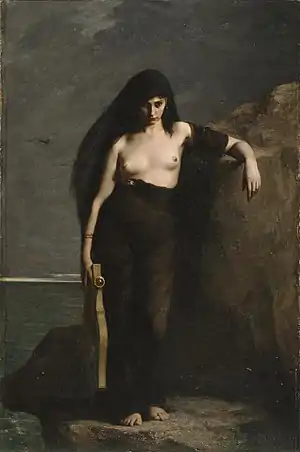 Painting of a woman dressed in dark robes, with her breasts bare.  She holds a lyre in one hand and stands on a rock over the sea.