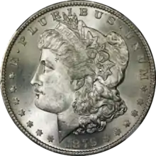 Liberty depicted wearing a Phrygian cap on the obverse of the Morgan silver dollar, designed by George T. Morgan