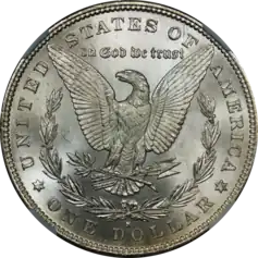 The reverse of the Morgan dollar (here, an 1879 issue is shown) presented the lower-cased "In God we trust"