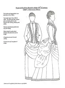 Image Text: Typical Fashion Details of the 19th Century 1880's Afternoon Dress The bustle and draped fabric are hallmarks of the 1880's. The bustle reigns from 1882 to 1890. The skirts are often draped with contrasting fabrics and trimmed with ruching, pleating, and ruffles. Sleeves and jbasque jackets are very form fitting. Sleeve length is quite short, between the wrist bone and 3/4 length. Wrappers are worn for work clothes. Corsets are very hourglass in shape. Drawn and Compiled by Ericka Mason, copyrighted.