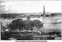 A view over trees and buildings, with a tall spire visible to right, a rectangular building in the distance.