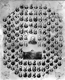 Image 11A poster showing the members of the 1890 Mississippian state constitutional convention. The members were overwhelmingly white Democrats; the only black member was a man who was allowed into the convention for his willingness to support black disenfranchisement. (from History of Mississippi)