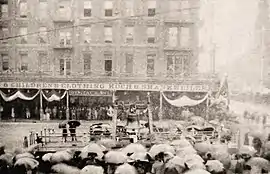 Liberty Bell returns in Allentown in 1893 on its way to Philadelphia following the Columbian Exposition in Chicago. Background: Hotel Allen with Zion's Church on the far right.