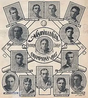 Fourteen portraits of men arranged in front of an illustration of a baseball diamond and two crossed bats