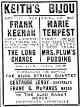 Advertisement, 1915, for Frank Keenan, Marie Tempest, Bijou String Quartet