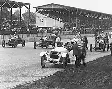 Andersen's #28 car (second from left), preparing for the 1916 Indianapolis 500