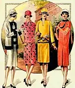 Fashion design featuring four women in cloche hats and brightly coloured ensembles