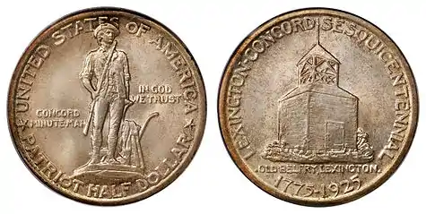 Two sides of a silver coin. On the one side is a statue of a man in 18th-century clothing. He holds a rifle, and his coat is on a plow beside him. Above the statue is inscribed "United States of America" and below "Patriot Half Dollar". To the side of the statue is the inscription "Concord Minute-Man" on the left and "In God We Trust" on the right.