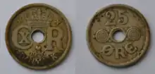 A 1926 Cupro-Nickel Danish Twenty-five øre coin - both sides