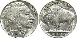 The 1935 Buffalo nickel—this style of coin featuring an American bison was produced from 1913 to 1938