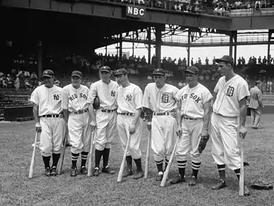 Image 231937 Major League Baseball All-Star GamePhoto: Harris & Ewing; Restoration: StaxringoldSeven players from the 1937 Major League Baseball All-Star Game. The players shown here represented the American League team and every one is a member of the Hall of Fame. Left to right: Lou Gehrig, Joe Cronin, Bill Dickey, Joe DiMaggio, Charlie Gehringer, Jimmie Foxx, and Hank Greenberg.More selected pictures