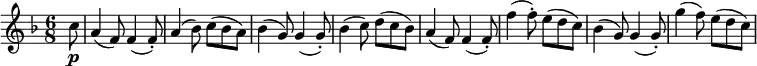 
\new Score {
  \new Staff {
    \relative c'' {
      \time 6/8
      \key f \major
      \clef treble
      \set Score.tempoHideNote = ##t
      \tempo 4. = 120
      \partial 8 c8\p | a4( f8) f4( f8-.) | a4( bes8) c( bes a) | bes4( g8) g4( g8-.) | bes4( c8) d( c bes) |
      a4( f8) f4( f8-.) | f'4( f8-.) e( d c) | bes4( g8) g4( g8-.) | g'4( f8) e( d c) |
    }
  }
}
