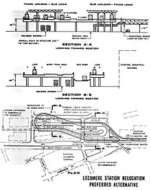 Layout and two sections of an elevated light rail terminal. There is a peanut-shaped loop for trains. The right half of the loop is a wide deck that includes a busway, with a ramp from ground level.