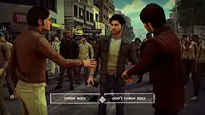 The player character is standing with a rock in his hand, with two friends in front of him and a large crowd behind him. There are two dialogue options near the bottom of the screen: "Throw Rock" and "Don't Throw Rock".