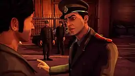 The player character is facing a police officer, who is berating him. Two officers stand in the background, near a police cruiser.