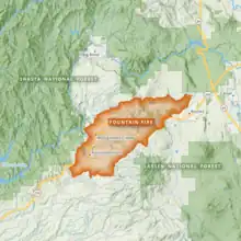 A map of the Fountain Fire's eventual perimeter, an irregular long shape centered around Highway 299