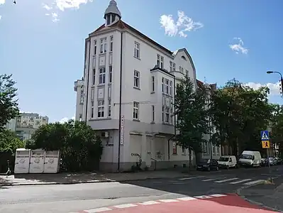 View of facades from the street crossing