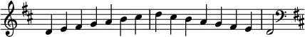   {
\override Score.TimeSignature #'stencil = ##f
\relative c' {
  \clef treble \key d \major \time 7/4 d4 e fis g a b cis d cis b a g fis e d2
  \clef bass \key d \major
} }
