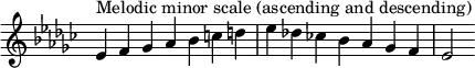  {
\override Score.TimeSignature #'stencil = ##f
\relative c' {
  \clef treble \key es \minor \time 7/4
  es4^\markup { Melodic minor scale (ascending and descending) } f ges aes bes c d es des! ces! bes aes ges f es2
} }
