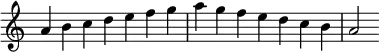  {
\override Score.TimeSignature #'stencil = ##f
\relative c'' {
  \clef treble \key a \minor \time 7/4
  a4 b c d e f g a g f e d c b a2
} }
