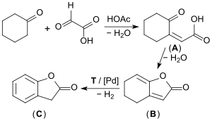 Industrial synthesis of 2-coumaranone from cyclohexanone and glyoxylic acid