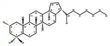 Structure of a 2-alpha-methylhopane with the carbons of the base hopane structure numbered according to convention. Five rings of carbon, the first four of which are 6-member while the fifth is 5-member, are arranged such that they each share an edge. In the base structure, the rings are singly methylated at carbon numbers 8, 10, 14, and 18, and doubly methylated at carbon number 4. The twenty-first carbon, located in the fifth ring, is bound to the second carbon in an 8 carbon chain. In 2-alpha-methylhopane, the compound is methylated at carbon number 2. This additional methyl group is indicated in red.