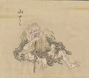 20 Yamamba (山んば) is a Japanese yōkai also known as Yamauba (山うば), Onibaba (鬼婆), Yama-onna (山女), Yama-hime (山姫), and Kijo (鬼女). Yamamba are female yōkai that live alone in mountain huts. They occasionally offer a place to sleep for the night to travelers in the form of an old woman or beautiful young woman. After their guests fall asleep, they transform into their true form and eat their guests. Stories of yamamba encounters have been spread through those lucky enough to escape. Stories of yamamba are often bedtime stories for children warning them to not go near the mountains. In classic folklore, yamamba typically preys on travelers and merchants such as ox-drivers, horse drivers, and coopers, who often travel between villages and walk through the mountains. They are thought to have widely spread the tales of yamamba. Yamamba are typically portrayed in two ways. There are tales in which yamamba is a fearful monster that attacks and eats travelers, and tales in which yamamba is a benevolent yōkai that gives good fortune to people who were kind to her.