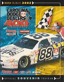 The 2002 Carolina Dodge Dealers 400 program cover, featuring Dale Jarrett, winner of the 2001 race.