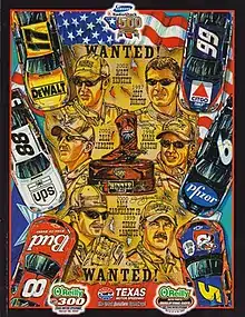 The 2003 Samsung/RadioShack 500 program cover, with artwork by NASCAR artist Sam Bass. The painting is called "Most Wanted!"