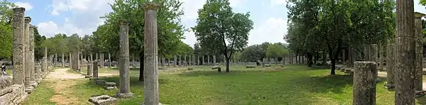 The central quadrangle of the palaistra, seen from inside the northwest corner of the portico. The dromoi are out of sight to the left.