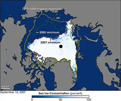 Image 18Sea cover in the Arctic Ocean, showing the median, 2005 and 2007 coverage (from Arctic Ocean)