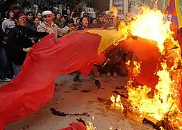 Protest against China in India, 19 April 2008. Visible on left is Tibetan activist Tenzin Tsundue.