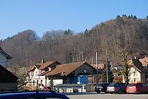 Two-story building with gabled roof