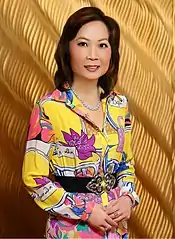 Image 186Jing Ulrich, a prominent global leader in finance, wearing brightly colored 1980s-inspired dress, 2012 (from 2010s in fashion)