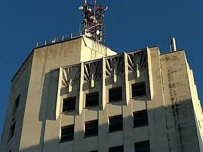 The sunburst - Detail of the Telephones Company Building (Calea Victoriei no. 37) in Bucharest, by Walter Froy, Louis S. Weeks and Edmond van Saanen Algi, 1929-1934