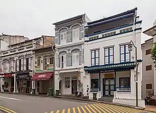 Club Street townhouses, Singapore. Some of the buildings incorporate open balconies on the third floor.