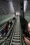 Vijzelgracht station, south-end mezzanine escalators; at 47 metres, it is longest in the Benelux nations, January 2018