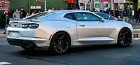 Rear view of a silver Camaro 2SS coupe